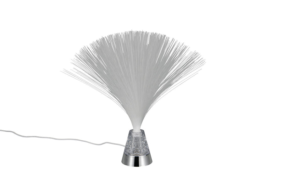 Lampe à fibres optiques blanche, base chromée et cône à paillettes argentées.