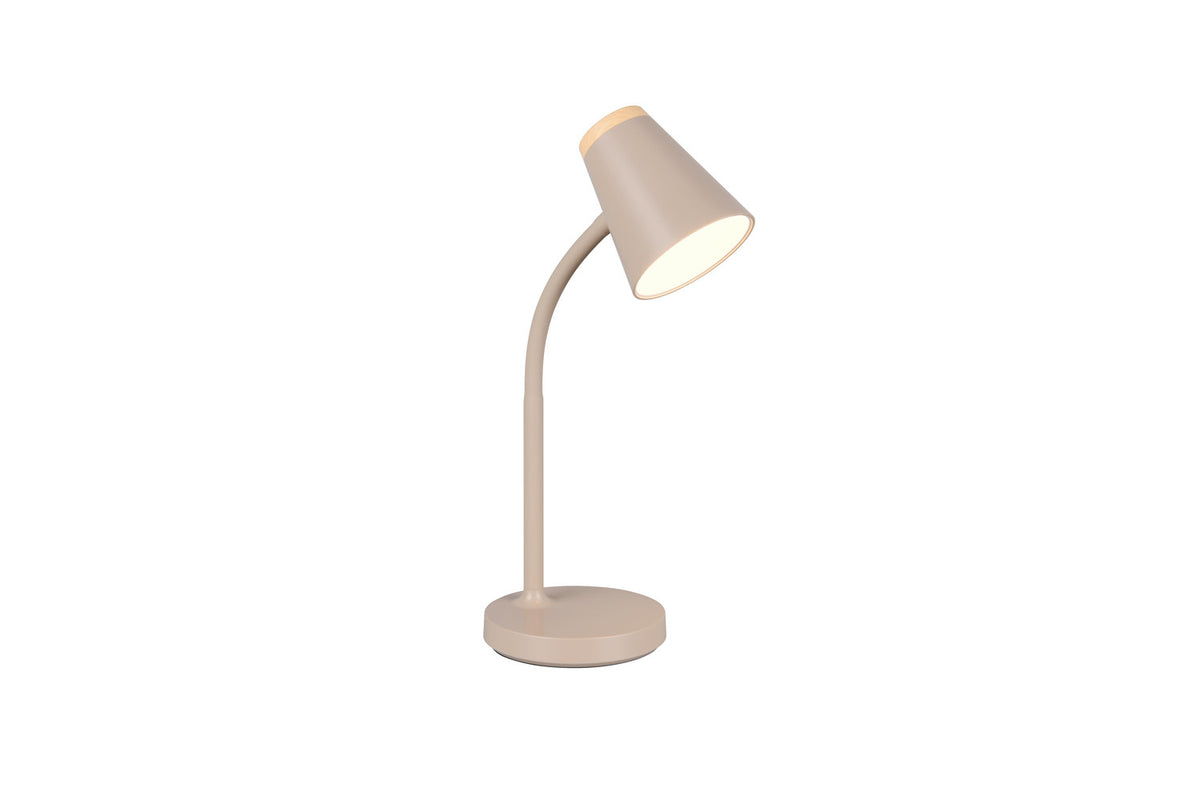 Autre angle de la lampe beige, montrant l'abat-jour conique, la tige et la base