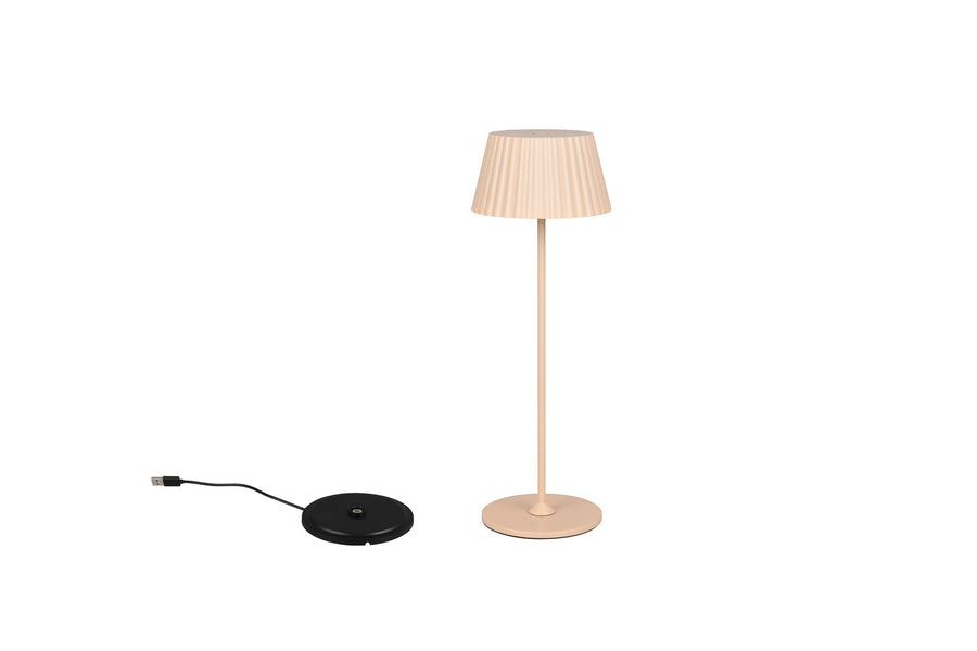 Vue de face de la lampe beige et de sa base de recharge