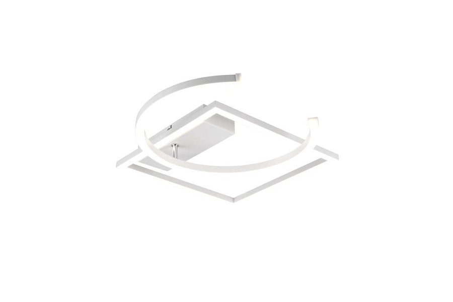 Vue en plongée du luminaire blanc, structure carrée ouverte et arc LED recourbé.