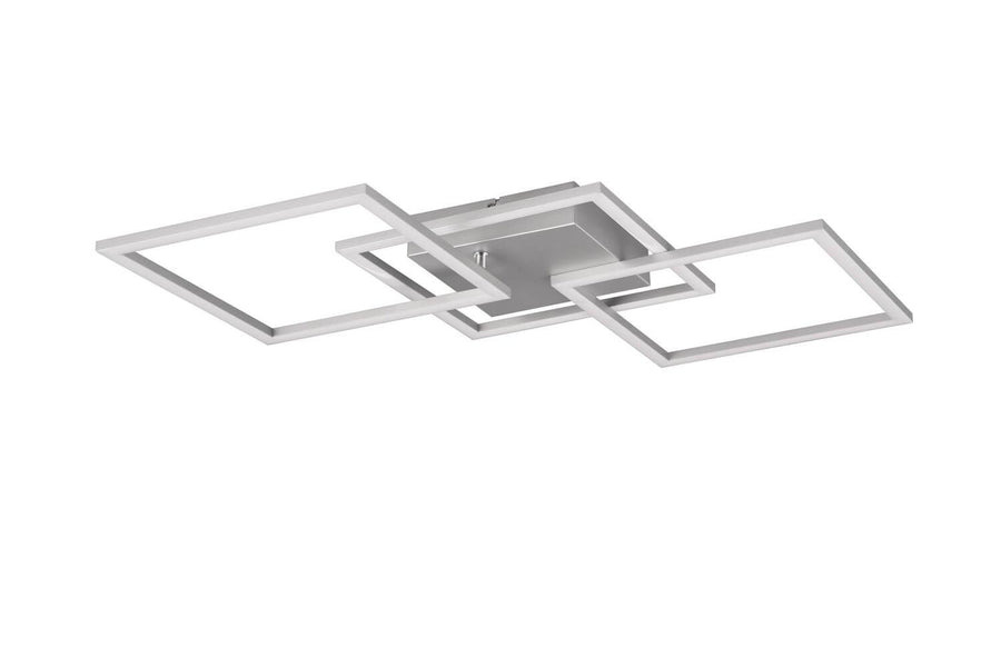 Plafonnier éteint, structure en aluminium brossé aux formes carrées imbriquées.