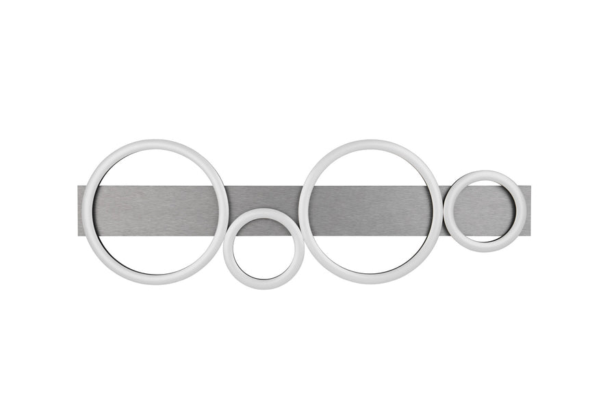 Vue de face du luminaire aux anneaux blancs, fond neutre et base en aluminium brossé.