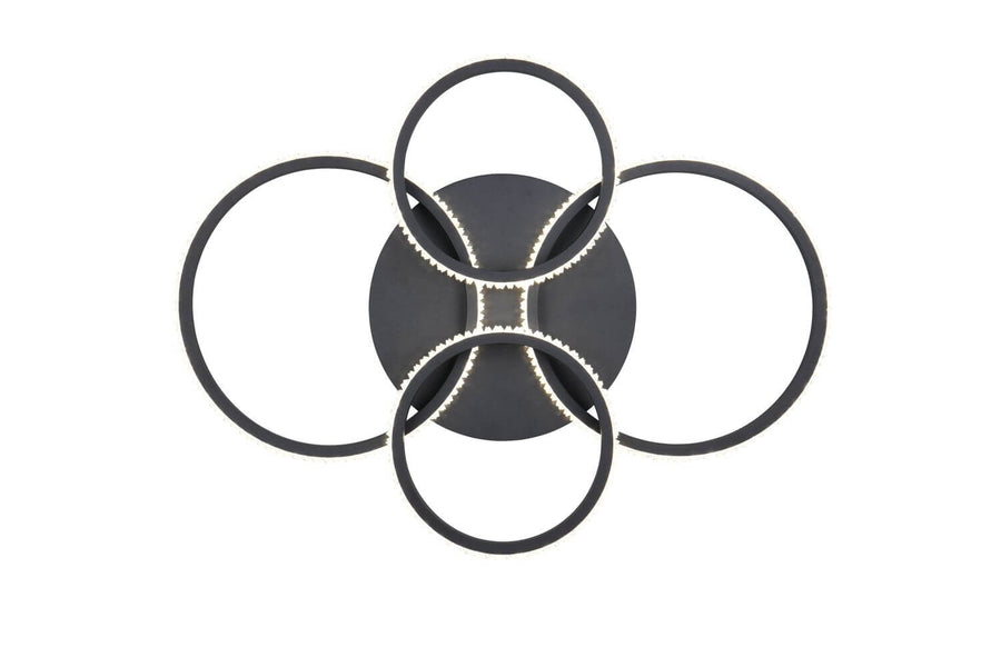 Vue de dessous, quatre anneaux disposés en croix autour du socle central