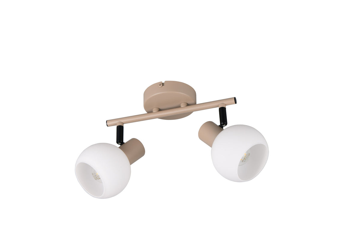 Vue de trois quarts du spot beige éteint, globes blancs et détails noirs apparents.