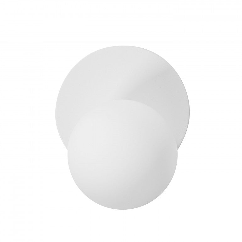 Vue de face du luminaire blanc, socle rond et globe centré