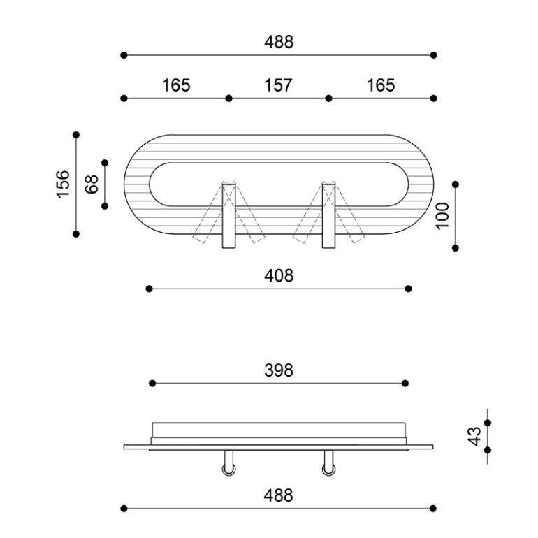 Schéma coté du luminaire : largeur 488 mm, hauteur 156 mm, profondeur 43 mm
