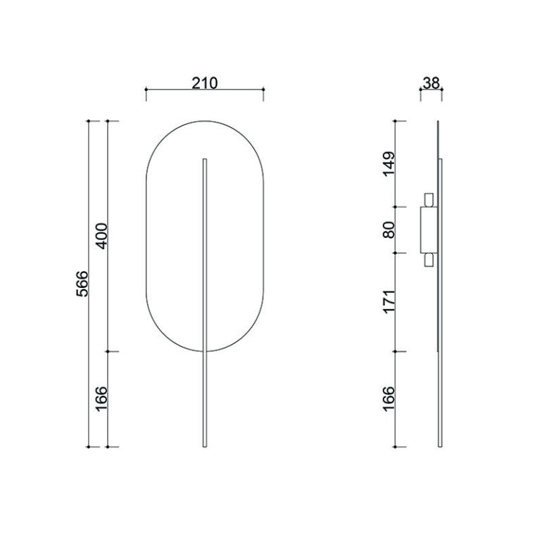 Schéma technique coté : largeur 210 mm, hauteur 566 mm et profondeur 38 mm