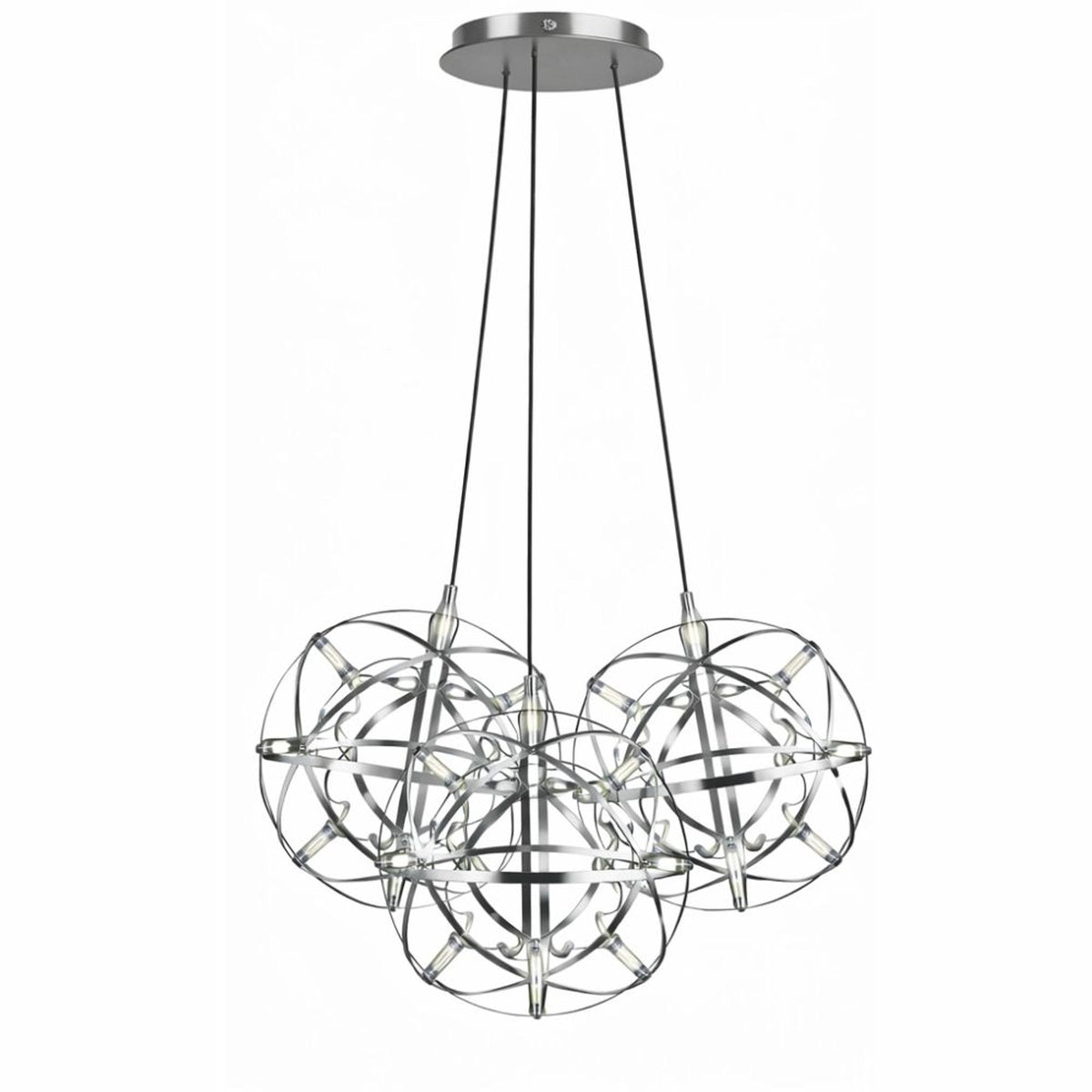 Vue de face de la suspension trois globes en finition chromée