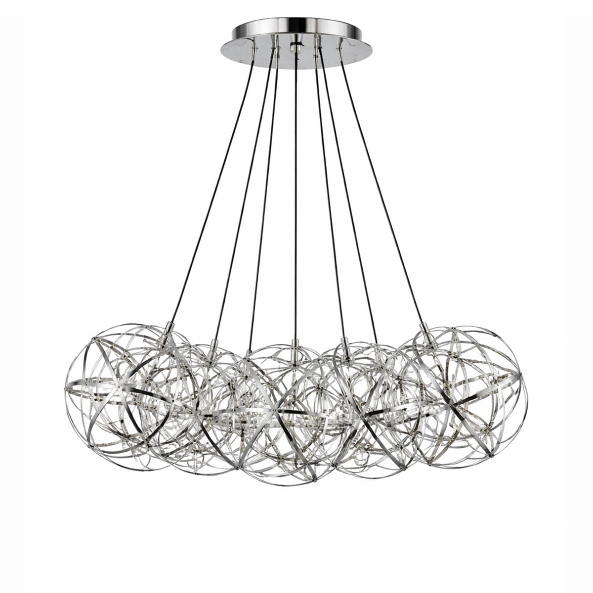 Suspension finition chromée avec sept globes cages reliés à une rosace centrale.