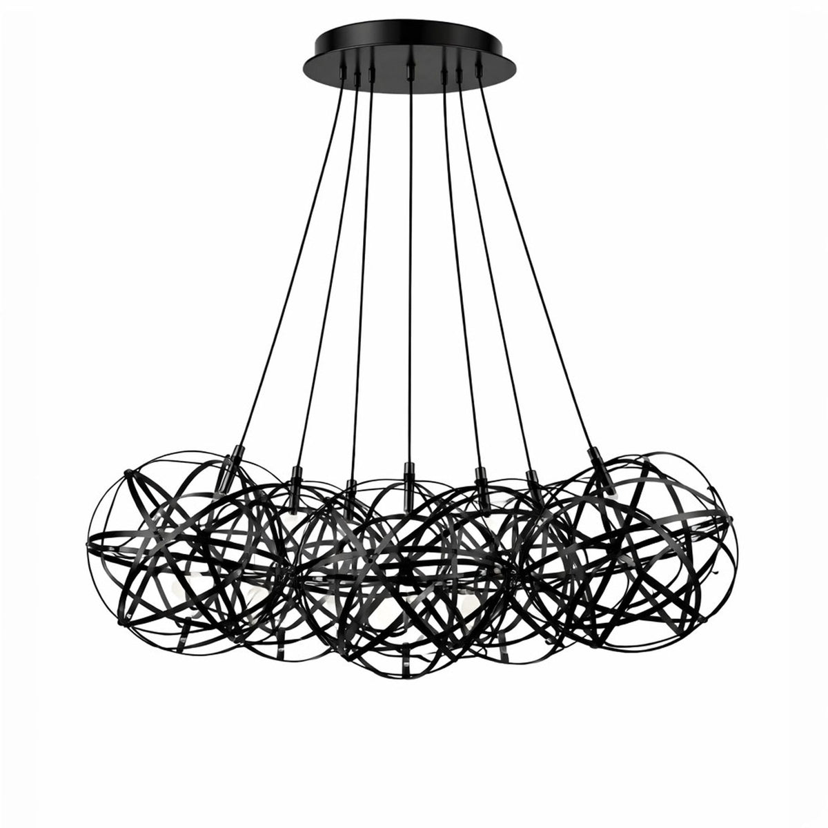 Suspension finition noire mate avec sept globes cages suspendus par câbles.