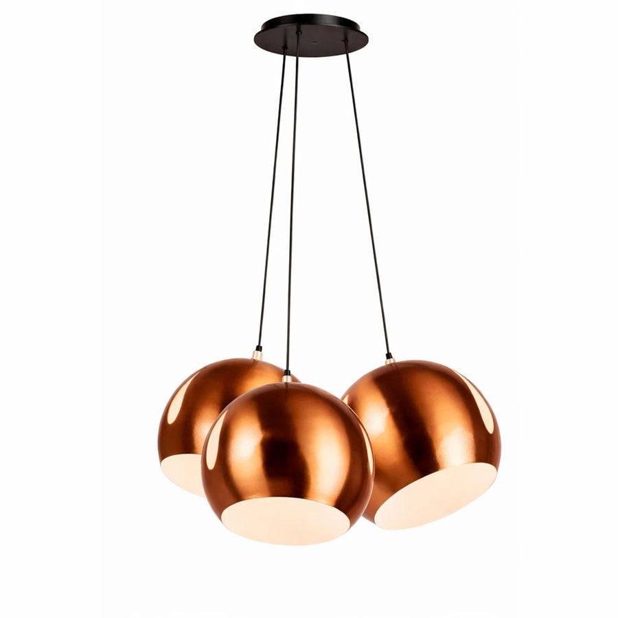 Vue produit sur fond blanc de la suspension cuivre à trois globes et câbles noirs
