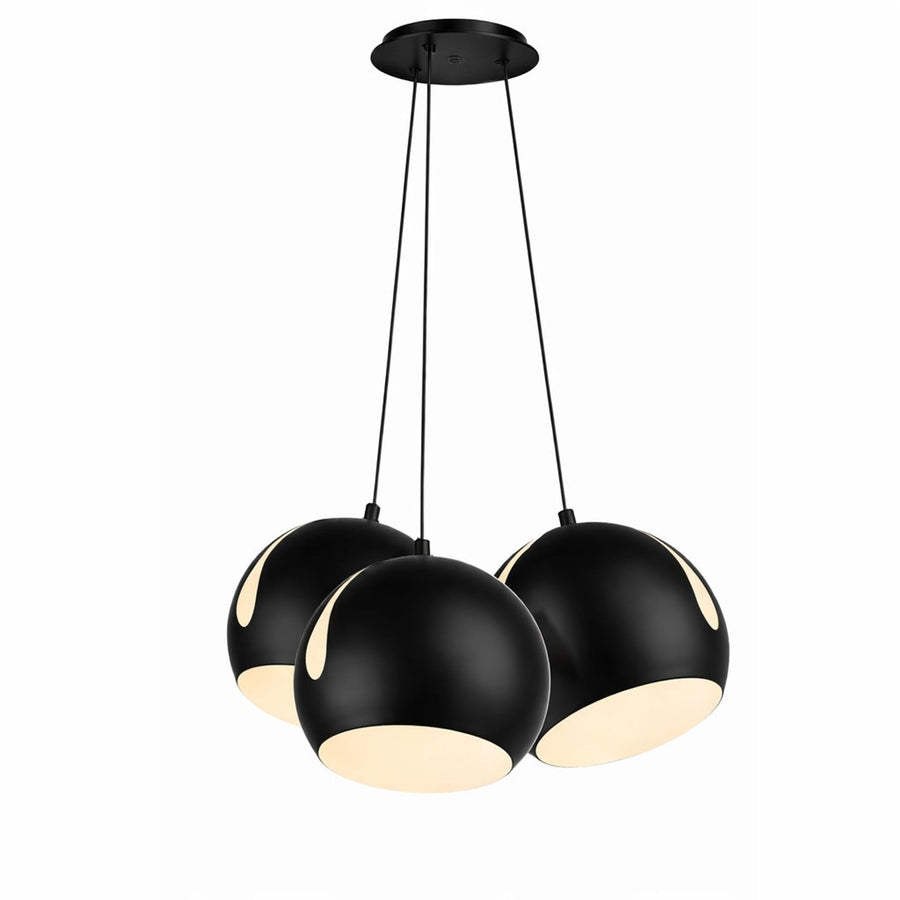 Version noire mate de la suspension, trois globes et rosace ronde au plafond