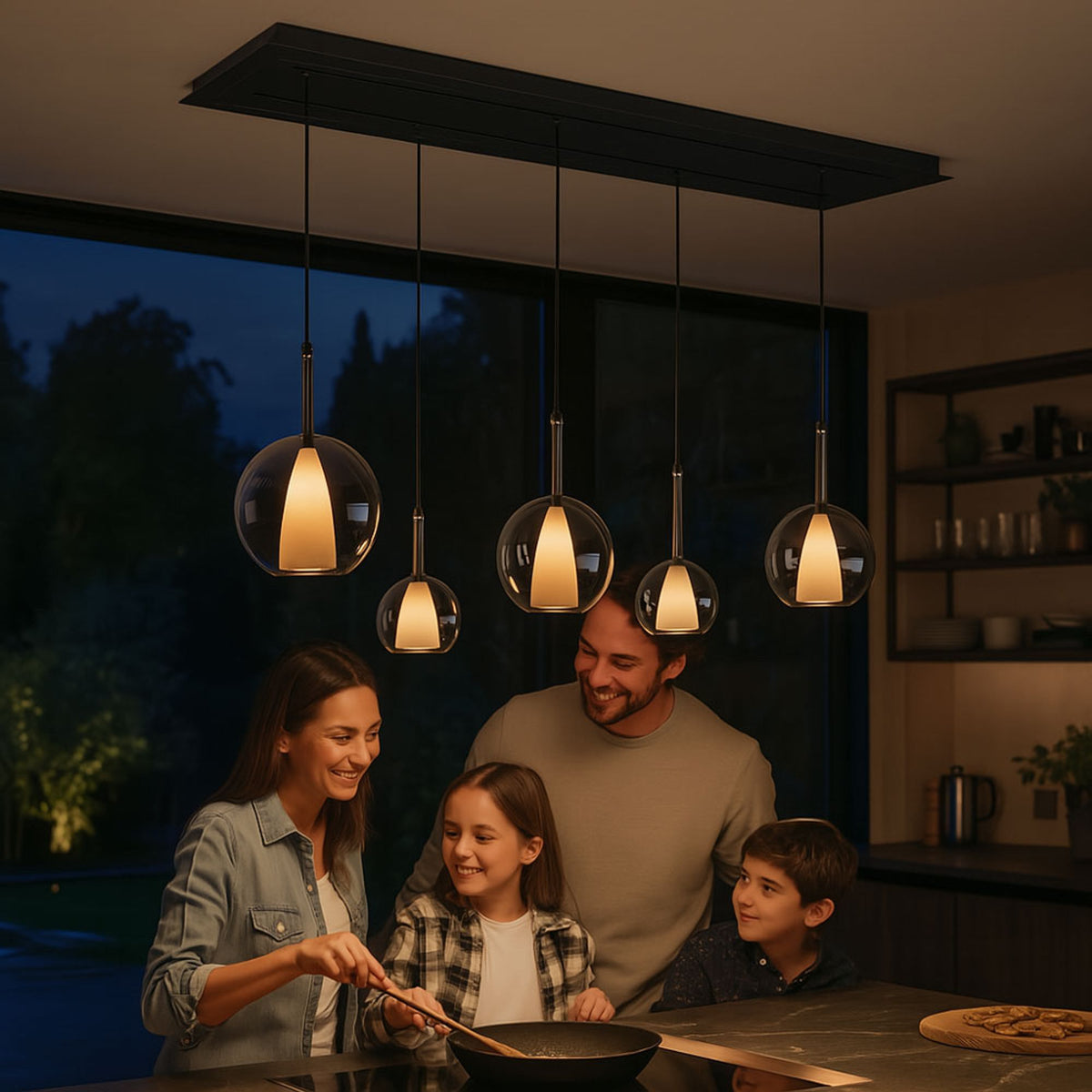 Suspension de table Belluna 5 lumières sur 2 rangées, longueur 160 cm
