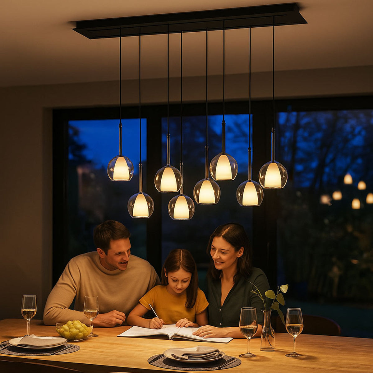 Famille attablée sous la suspension, ambiance chaleureuse pour les devoirs du soir.