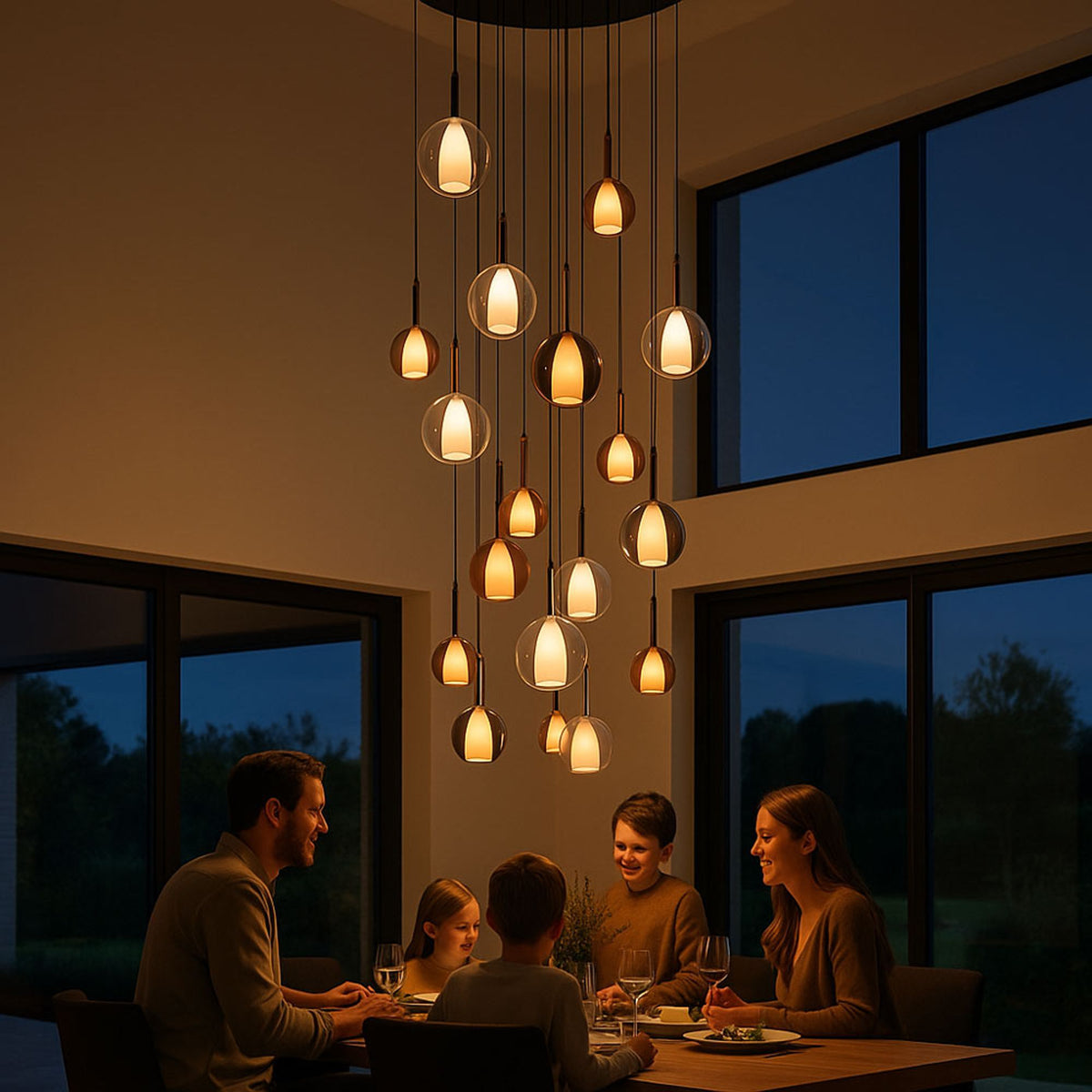 Mise en ambiance au-dessus d'une table familiale, le soir près des baies