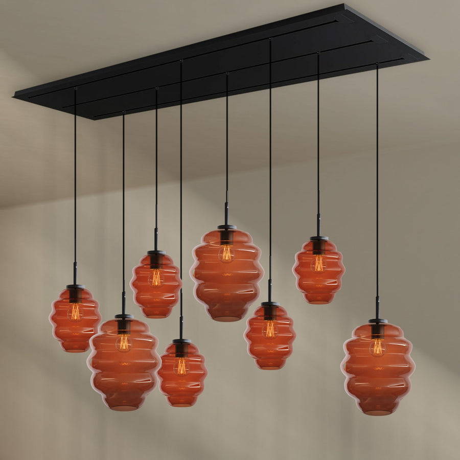 Suspension de table Echos 8 lumières sur 3 rangées, longueur 200 cm, verres Ø 18 et 25 cm