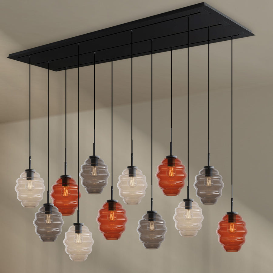 Suspension de table Echos 12 lumières sur 3 rangées, longueur 200 cm, verres Ø 18 cm