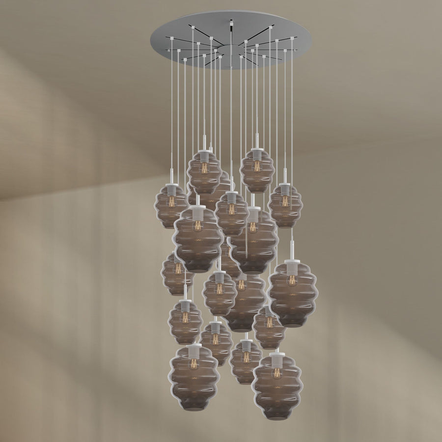 Suspension grande hauteur Echos 20 lumières, rosace Ø 120 cm, verres Ø 18 et 25 cm