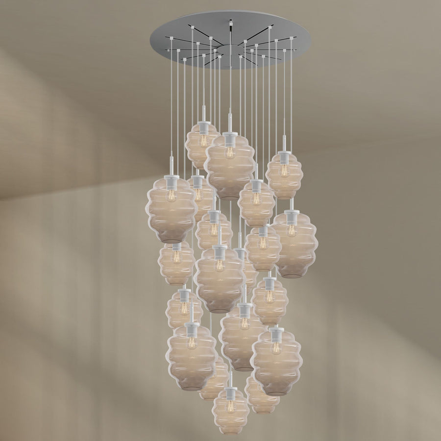 Suspension grande hauteur Echos 20 lumières, rosace Ø 120 cm, verres Ø 18 et 25 cm