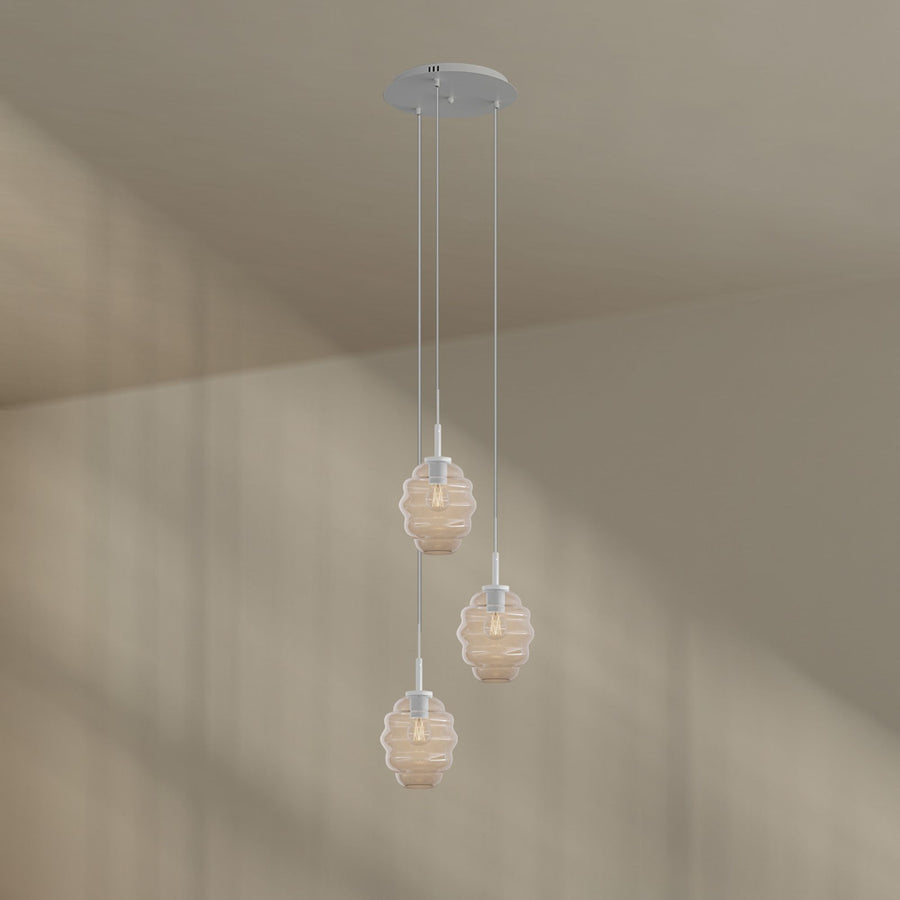 Suspension grande hauteur Echos 3 lumières, rosace Ø 40 cm, verres Ø 18 cm
