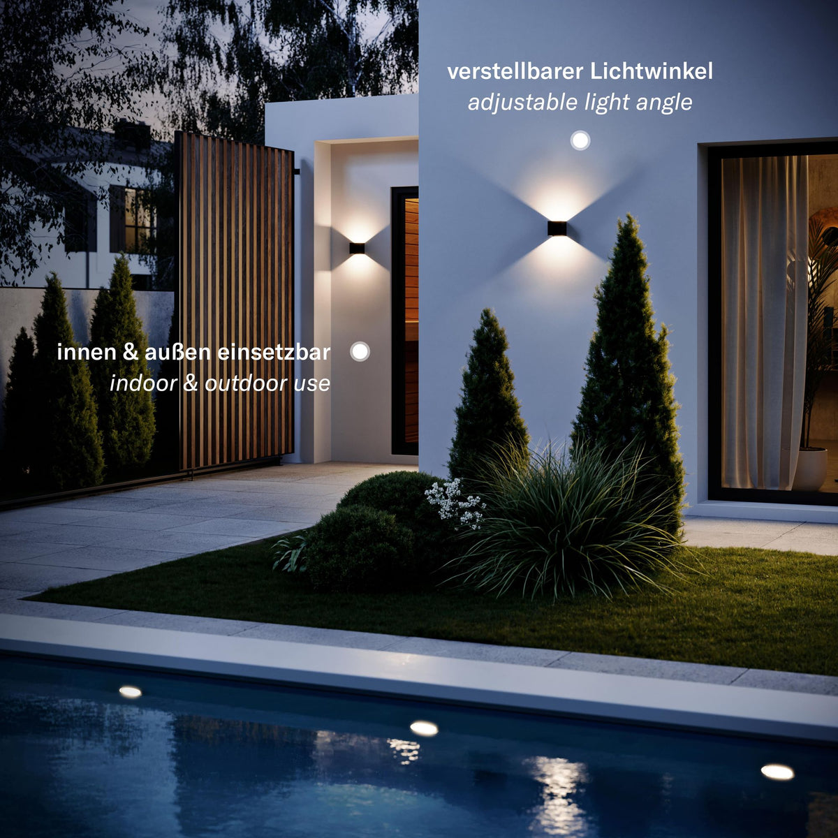 Mise en ambiance extérieure de nuit, appliques sur façade de villa avec piscine et jardin