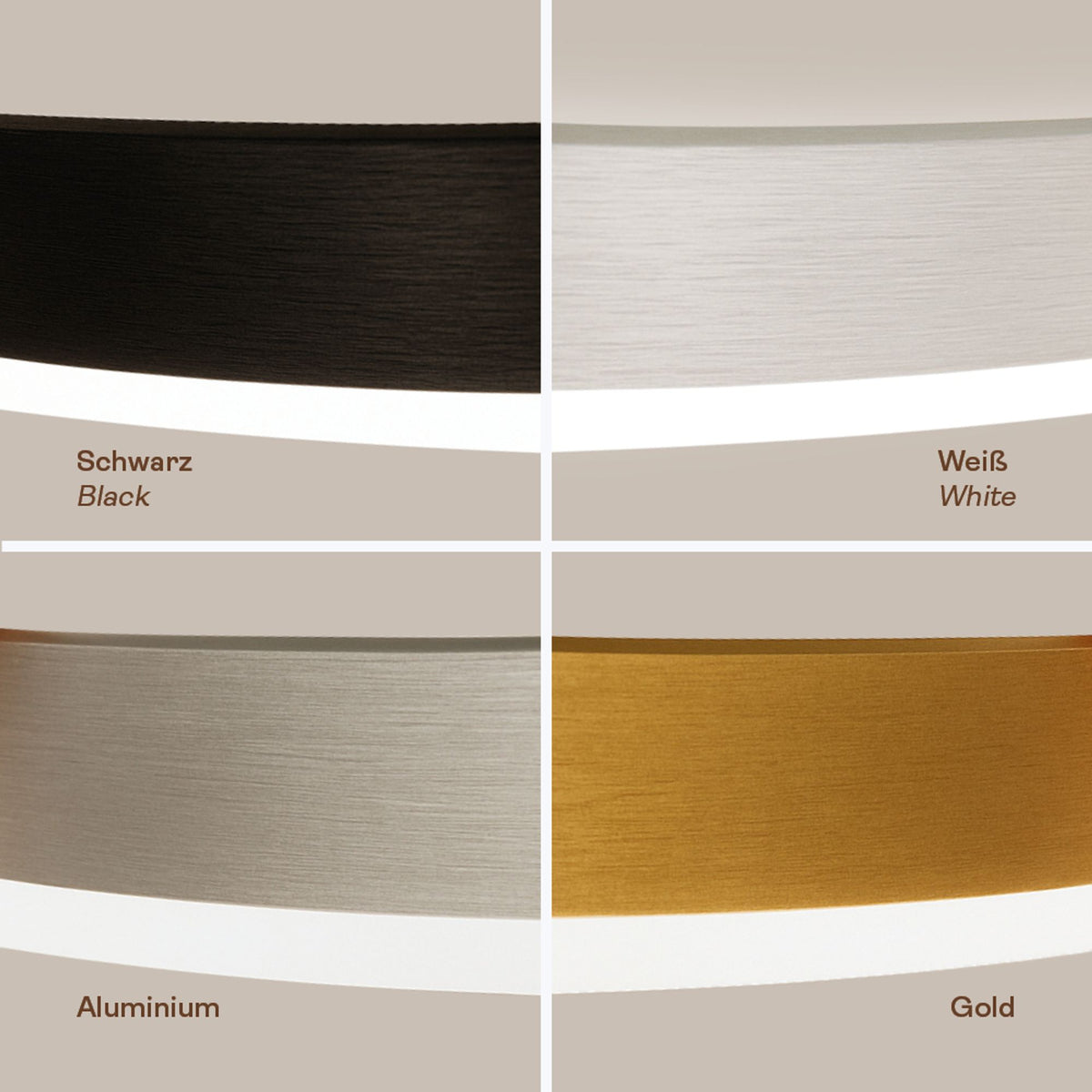 Nuancier de quatre finitions : noir, blanc, aluminium brossé et doré