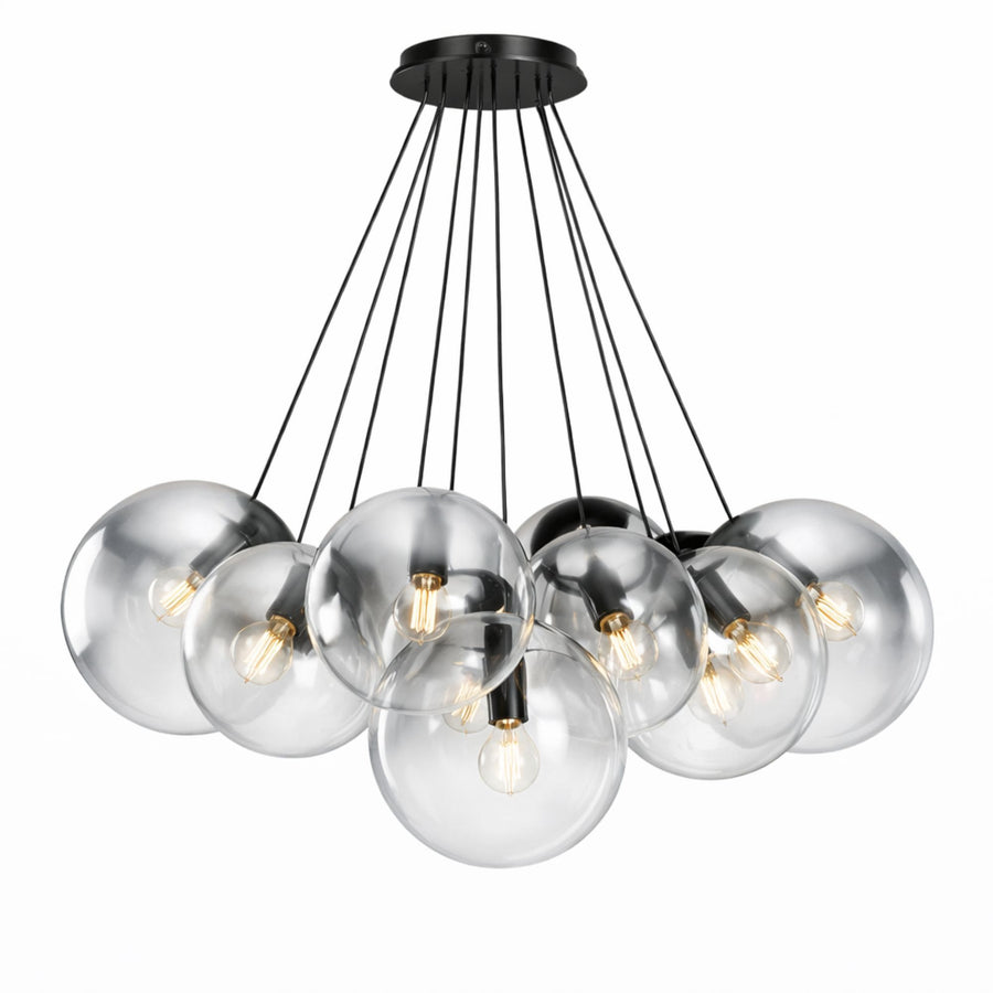 Vue de face d'une suspension grappe noire à treize globes de verre transparents sur fond blanc.
