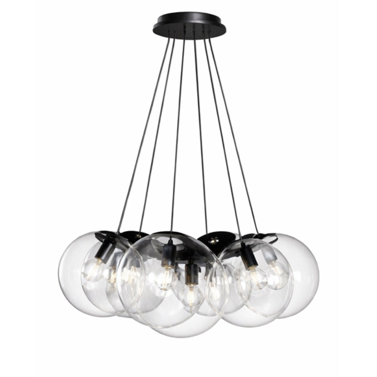 Produit de face sur fond blanc, sept globes en verre transparent et cordons noirs
