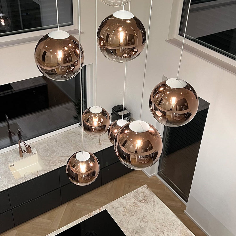 Suspension grande hauteur Orb globe en verre, câble 5 m, monture blanche
