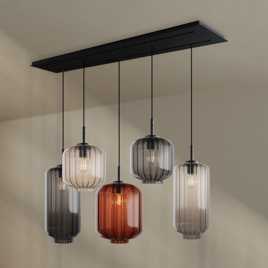 Suspension de table Velo 5 lumières sur 2 rangées, longueur 160 cm, verres Ø 18, 20 et 25 cm