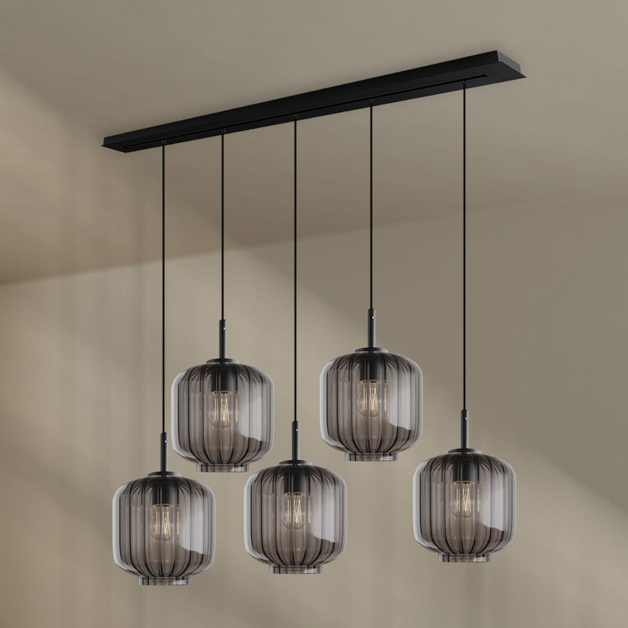 Suspension de table Velo 5 lumières, longueur 160 cm, verres Ø 20 cm