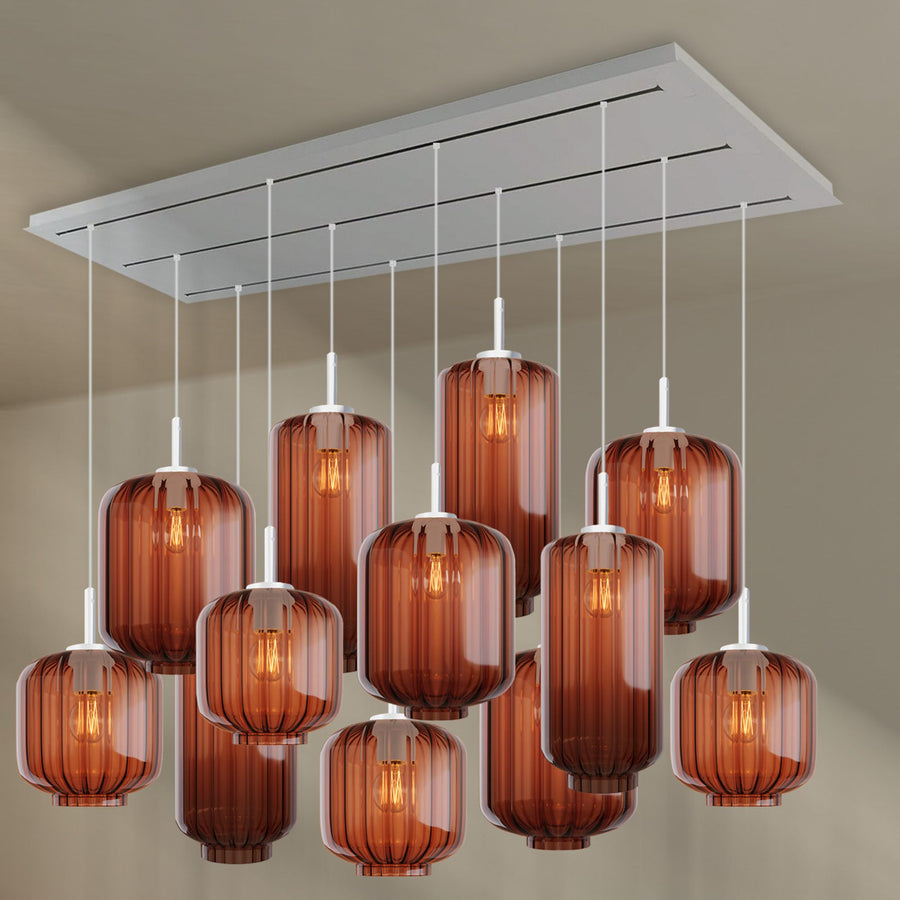 Suspension de table Velo 12 lumières sur 3 rangées, longueur 200 cm, verres Ø 18, 20 et 25 cm