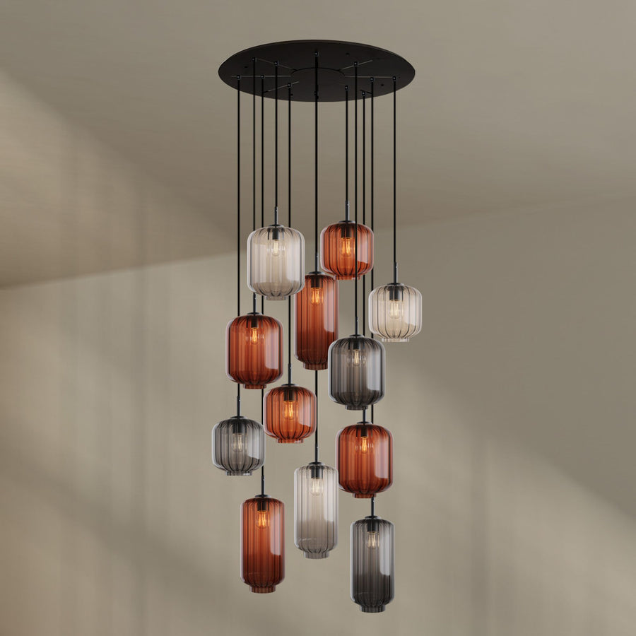 Suspension grande hauteur Velo 12 lumières, rosace Ø 80 cm, verres Ø 18, 20 et 25 cm