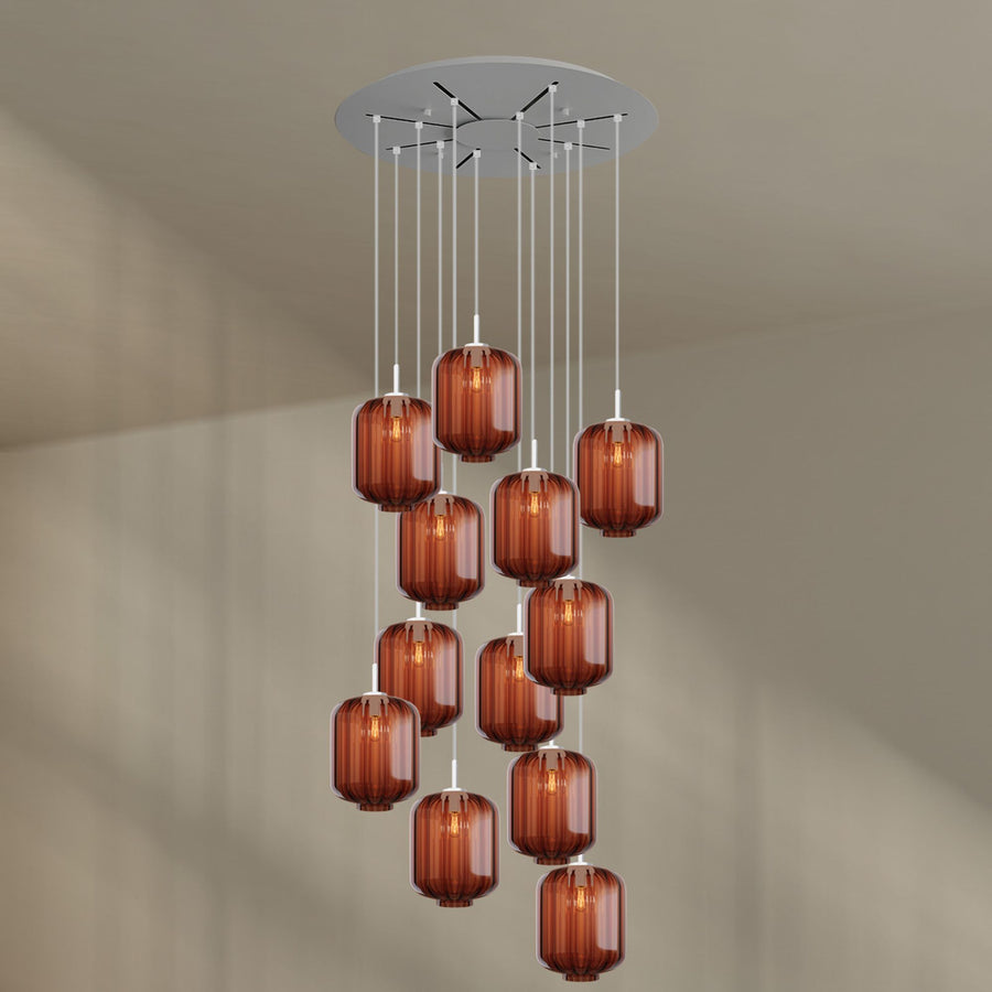 Suspension grande hauteur Velo 12 lumières, rosace Ø 80 cm, verres Ø 25 cm