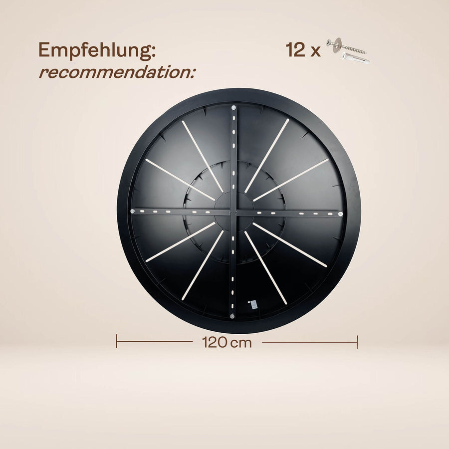Schéma technique du dessous de la rosace ronde, dimension 120 cm et visserie.