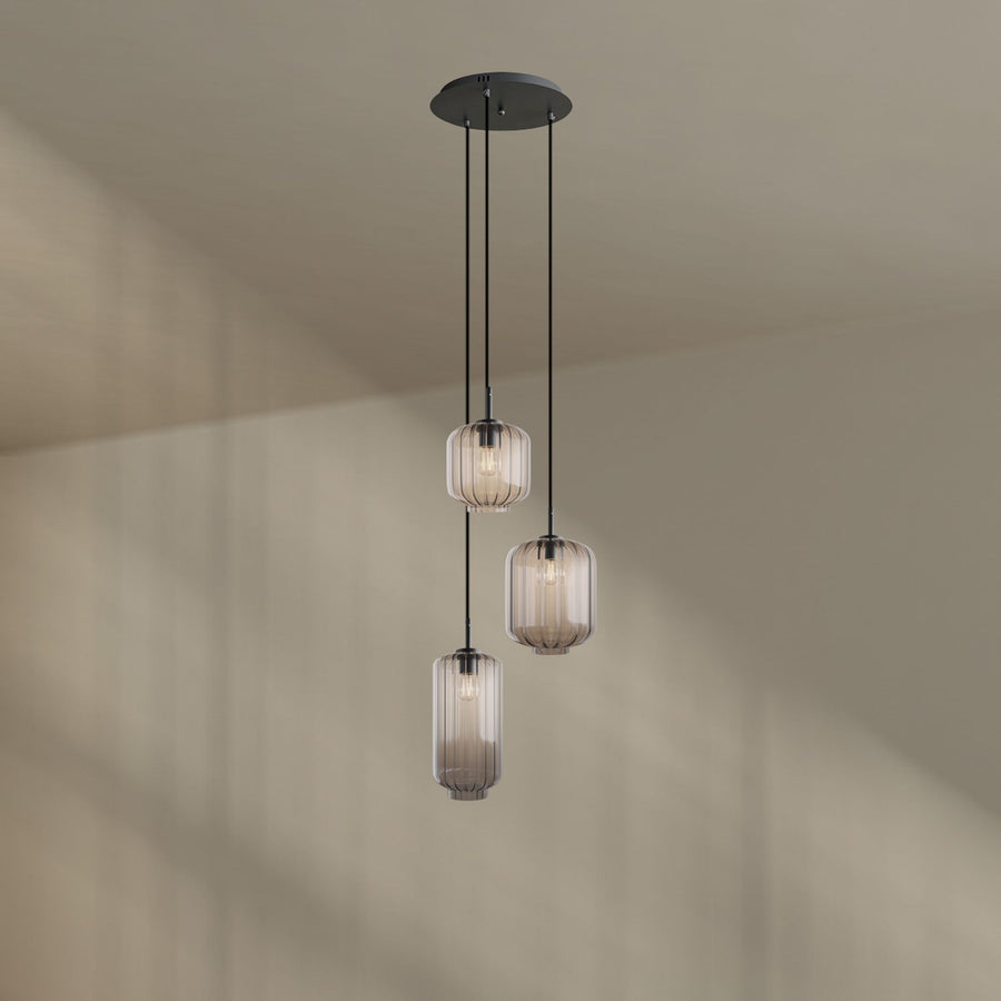 Suspension grande hauteur Velo 3 lumières, rosace Ø 40 cm, verres Ø 18, 20 et 25 cm