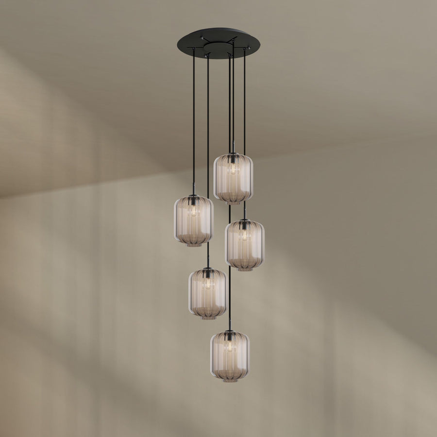 Suspension grande hauteur Velo 5 lumières, rosace Ø 60 cm, verres Ø 25 cm