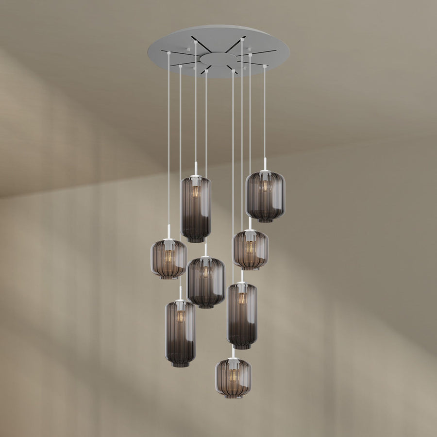 Suspension grande hauteur Velo 8 lumières, rosace Ø 80 cm, verres Ø 18, 20 et 25 cm