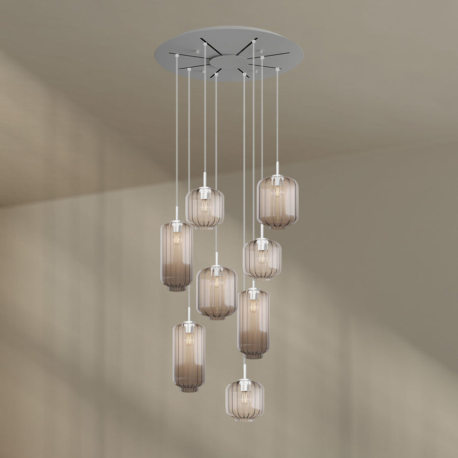 Suspension grande hauteur Velo 8 lumières, rosace Ø 80 cm, verres Ø 18, 20 et 25 cm