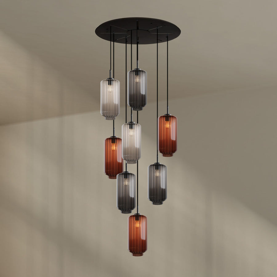 Suspension grande hauteur Velo 8 lumières, rosace Ø 80 cm, verres Ø 18 cm