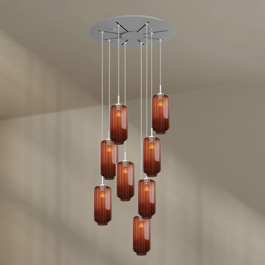 Suspension grande hauteur Velo 8 lumières, rosace Ø 80 cm, verres Ø 18 cm