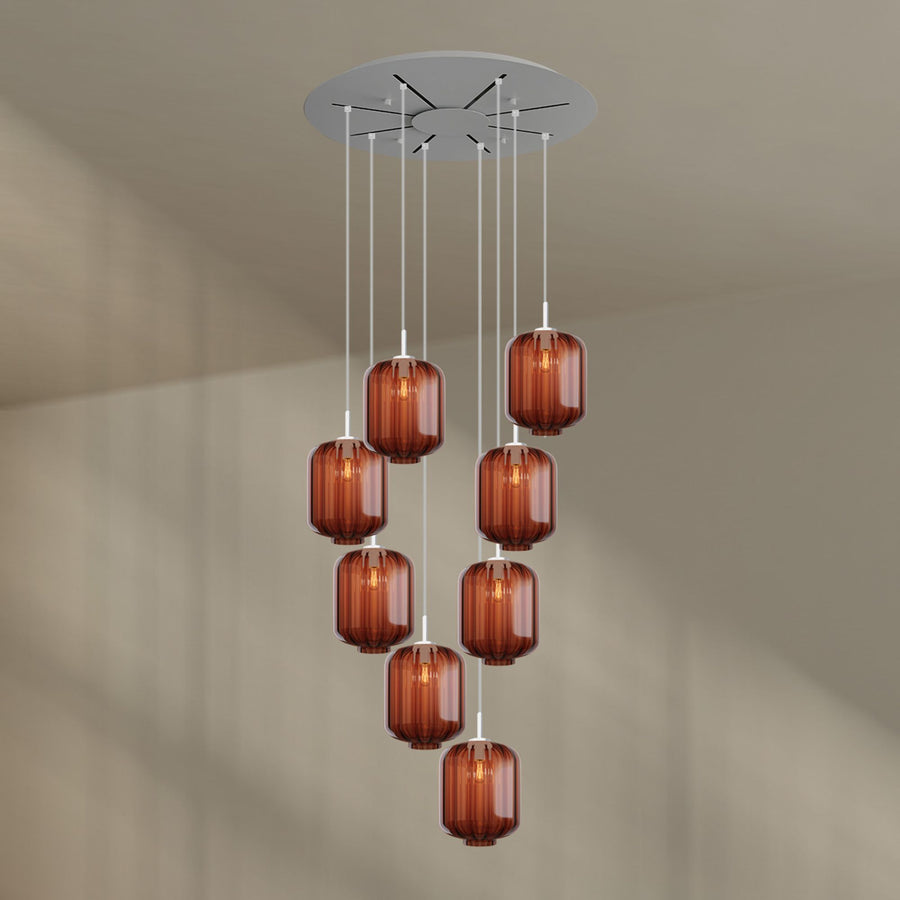 Suspension grande hauteur Velo 8 lumières, rosace Ø 80 cm, verres Ø 25 cm
