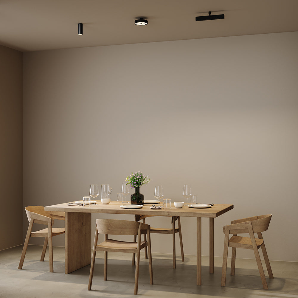Mise en ambiance au-dessus d'une table à manger en bois clair.