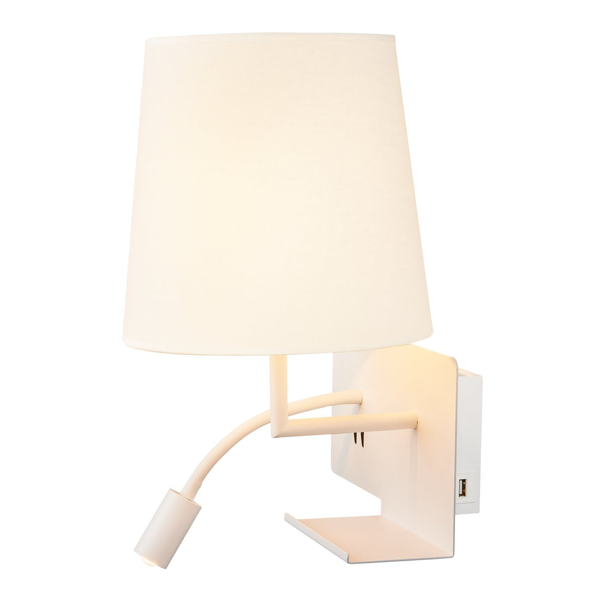 Profil de l’applique blanche avec liseuse, bras articulé et port USB.