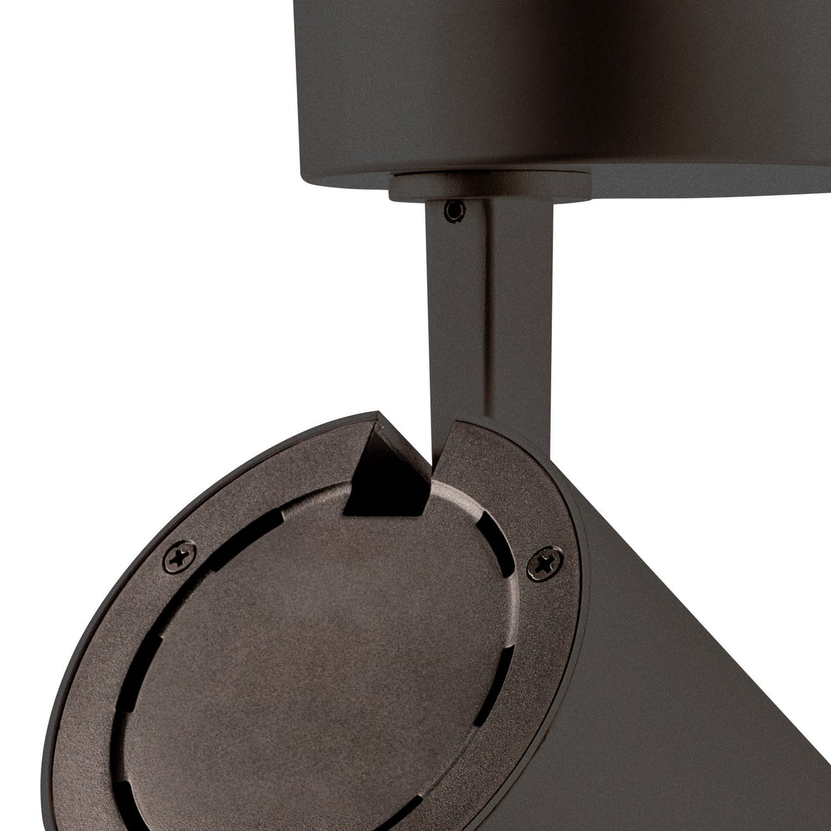 Détail du pivot orientable et de la bague de fixation du spot noir.