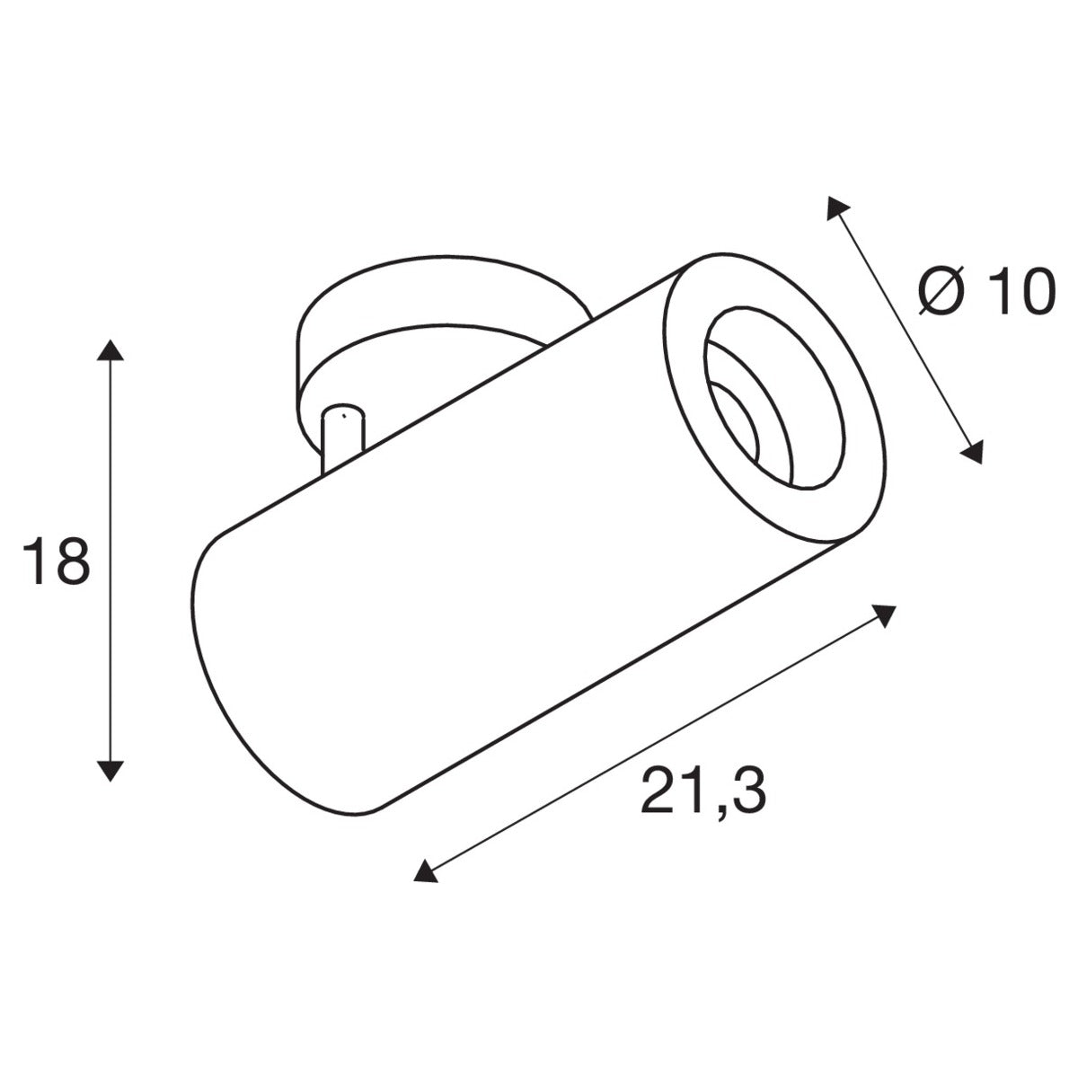 Schéma de dimensions du spot : hauteur 18 cm, longueur 21,3 cm, diamètre 10 cm.