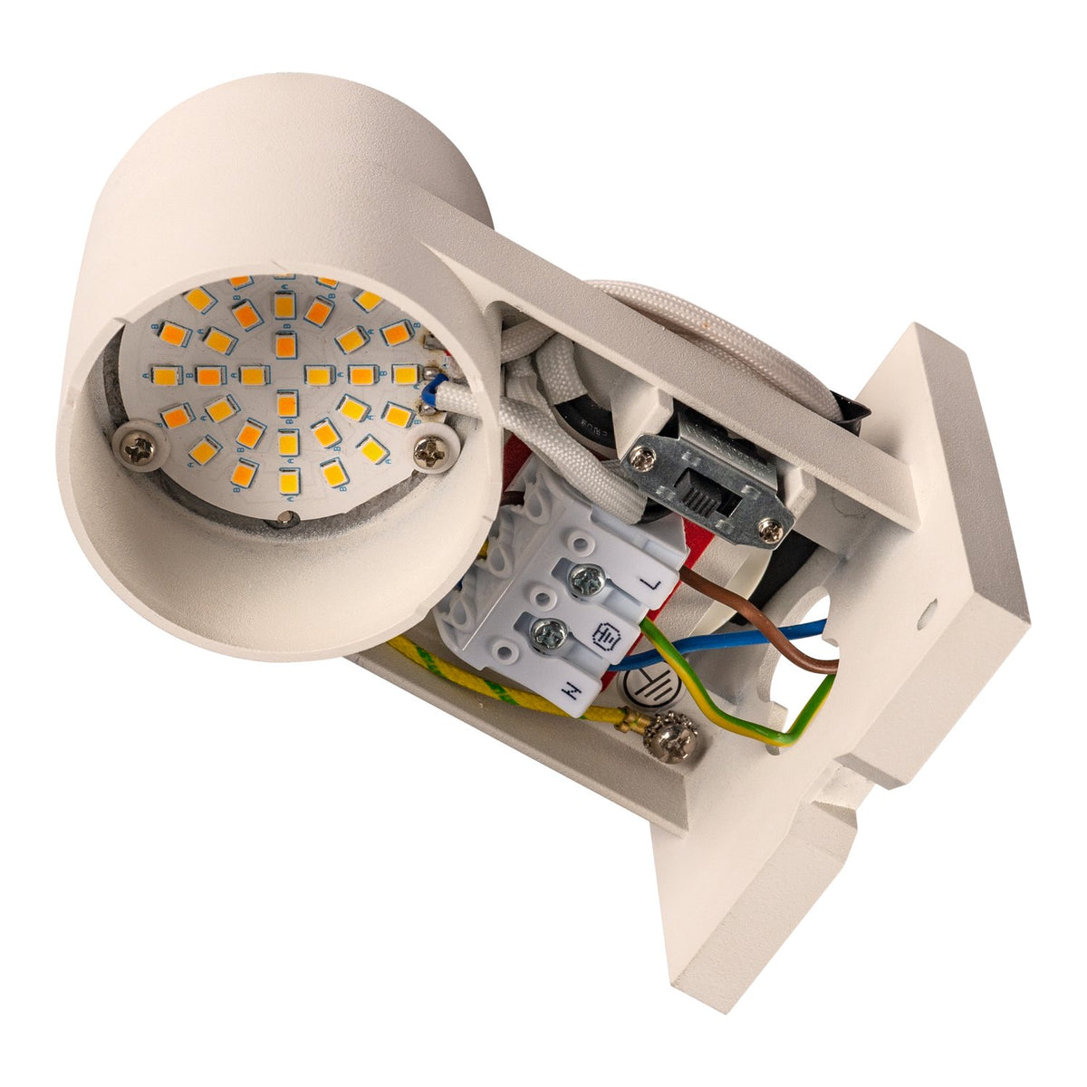 Détail du module LED et du bornier électrique à l'intérieur du boîtier.