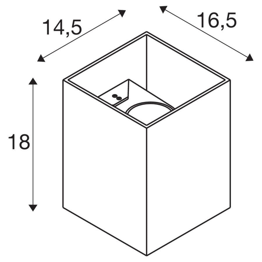 Schéma coté du luminaire carré avec dimensions de 14,5, 16,5 et 18 cm.