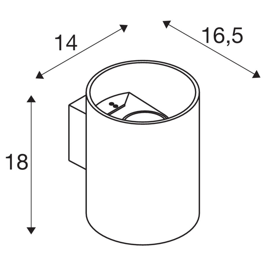 Schéma coté du luminaire mural avec dimensions 18, 14 et 16,5 centimètres.