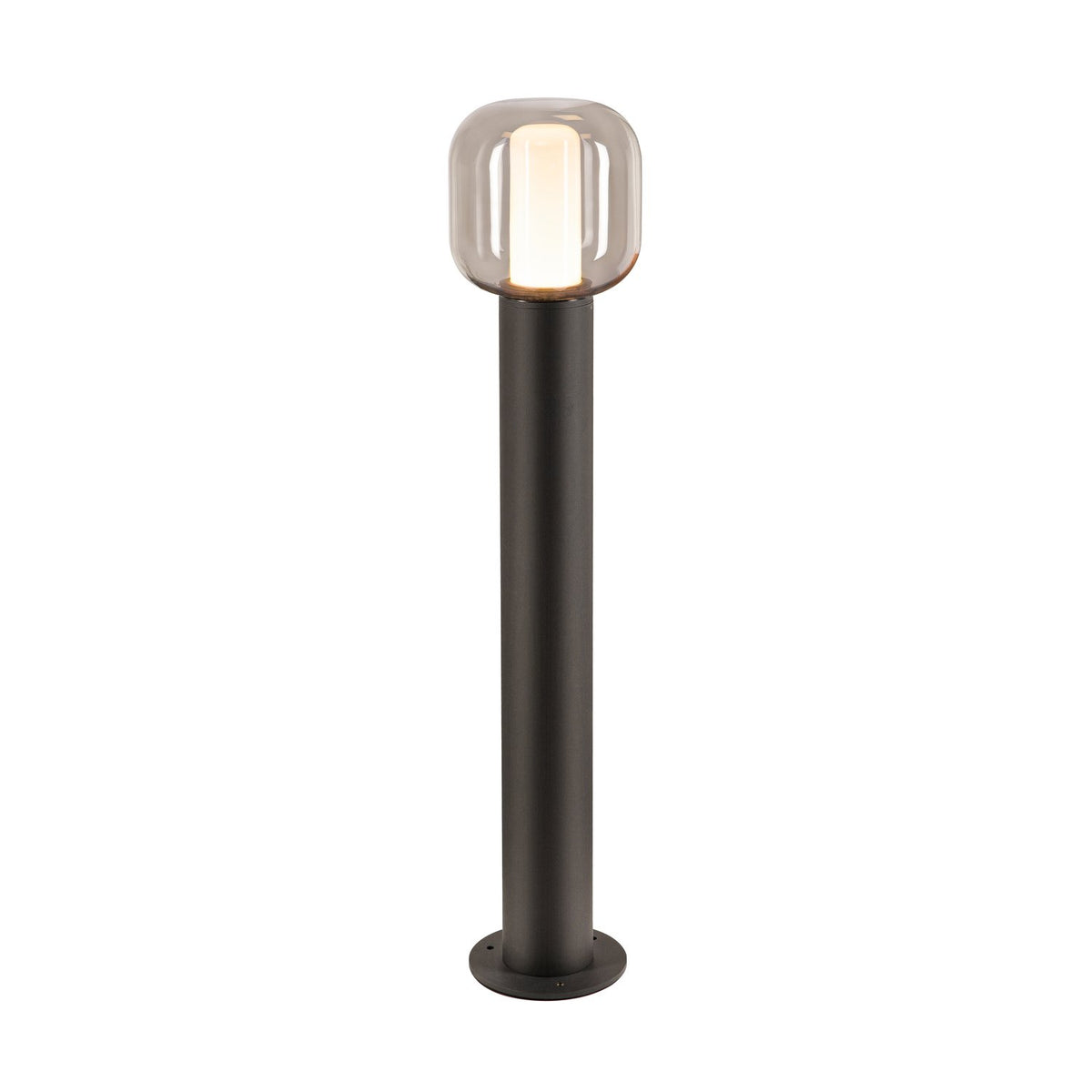 Vue de face du lampadaire, pied cylindrique anthracite et embase circulaire percée.